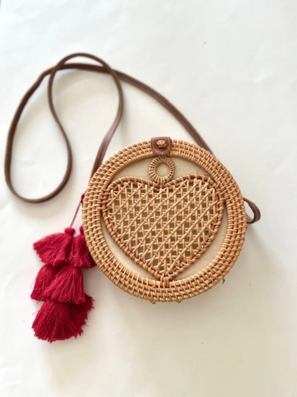 Handcrafted Round Rattan Crossbody Bag with Woven Heart